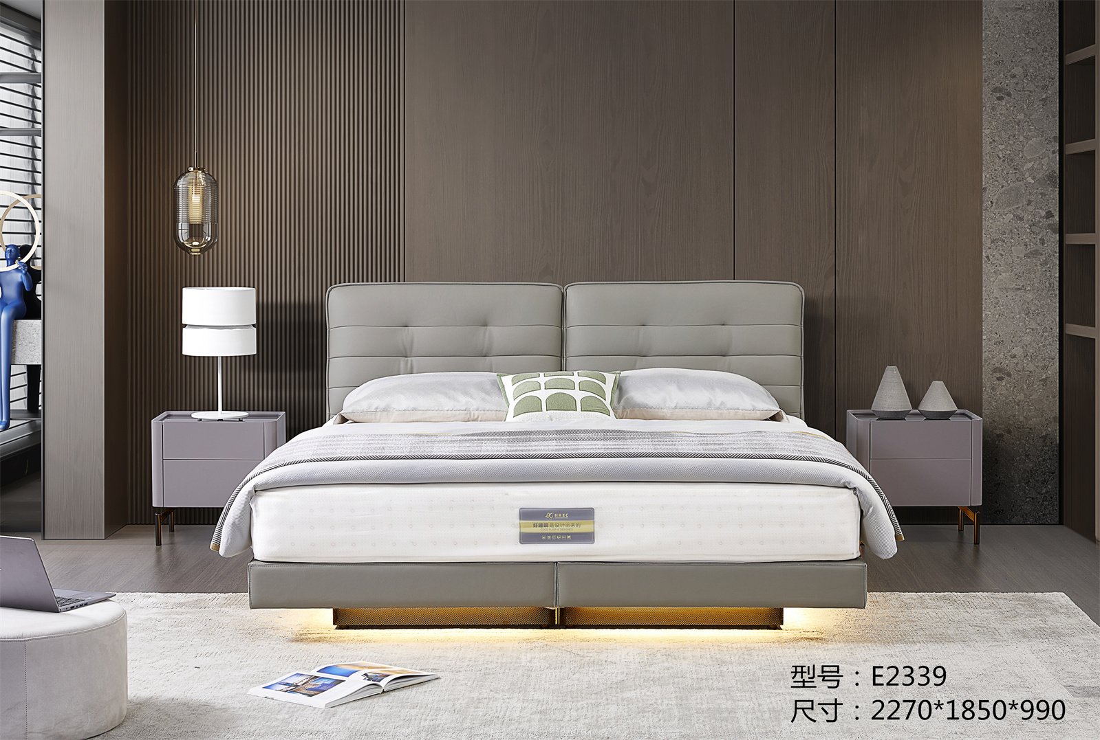 E2339实木全真皮床